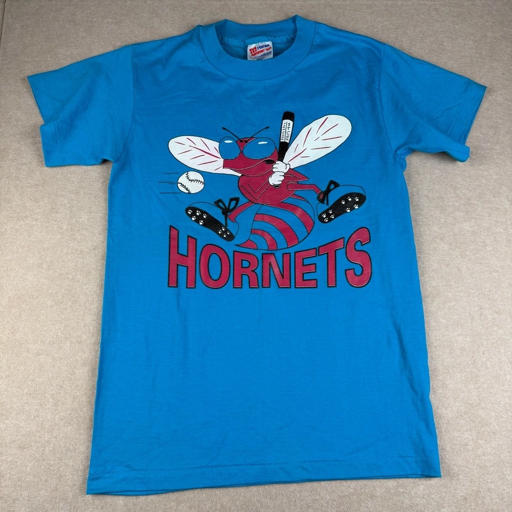 Vintage Hanes Shirt Mens S Blue Hornets Baseball Graphic USA Single Stitch